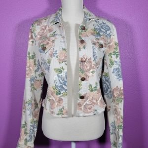 Women's Large White Floral Print Cropped Jean Jacket - Tinseltown Denim Couture
